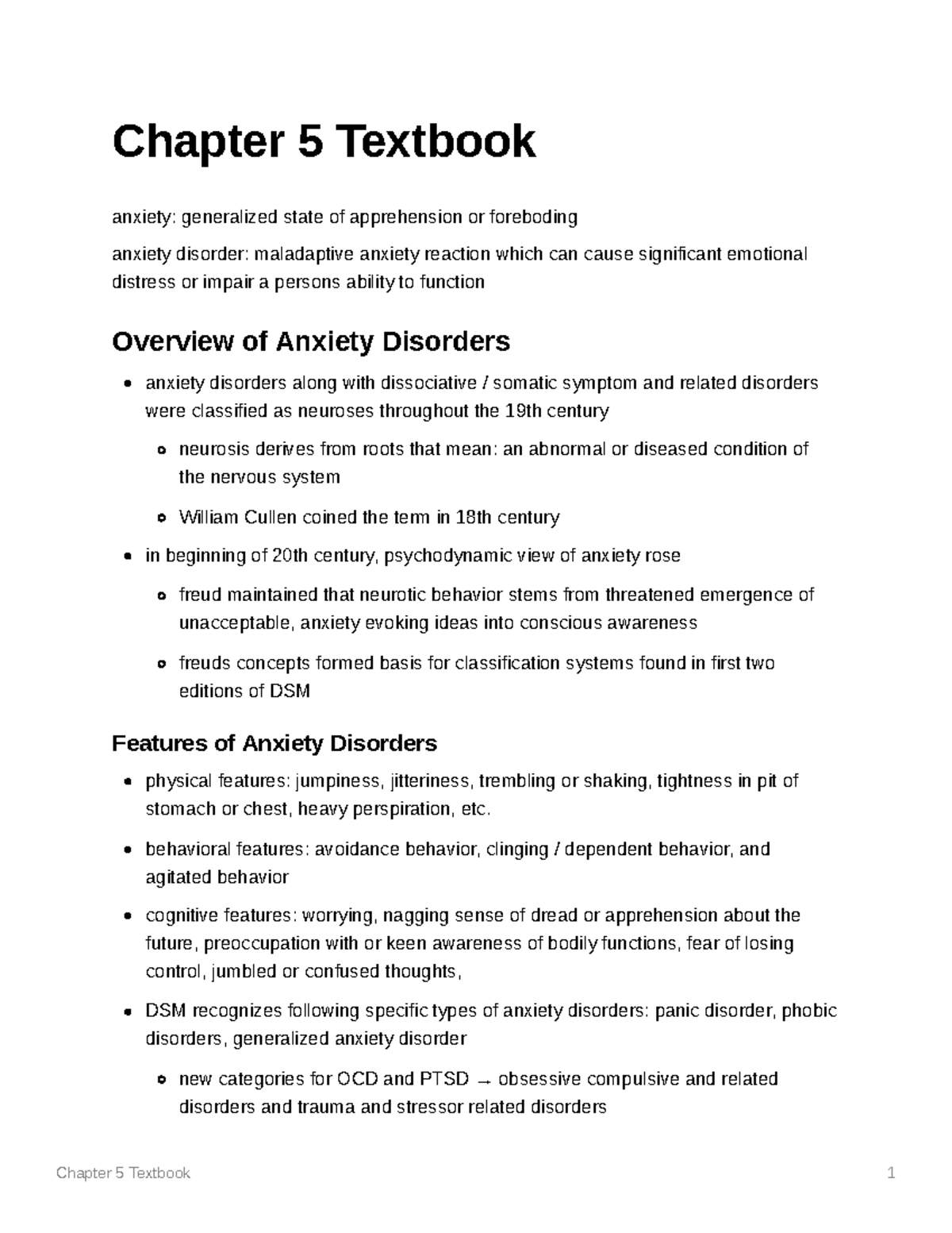 Chapter 5 Summary - Abnormal Psychology (PSY 201) - Anxiety Disorders ...
