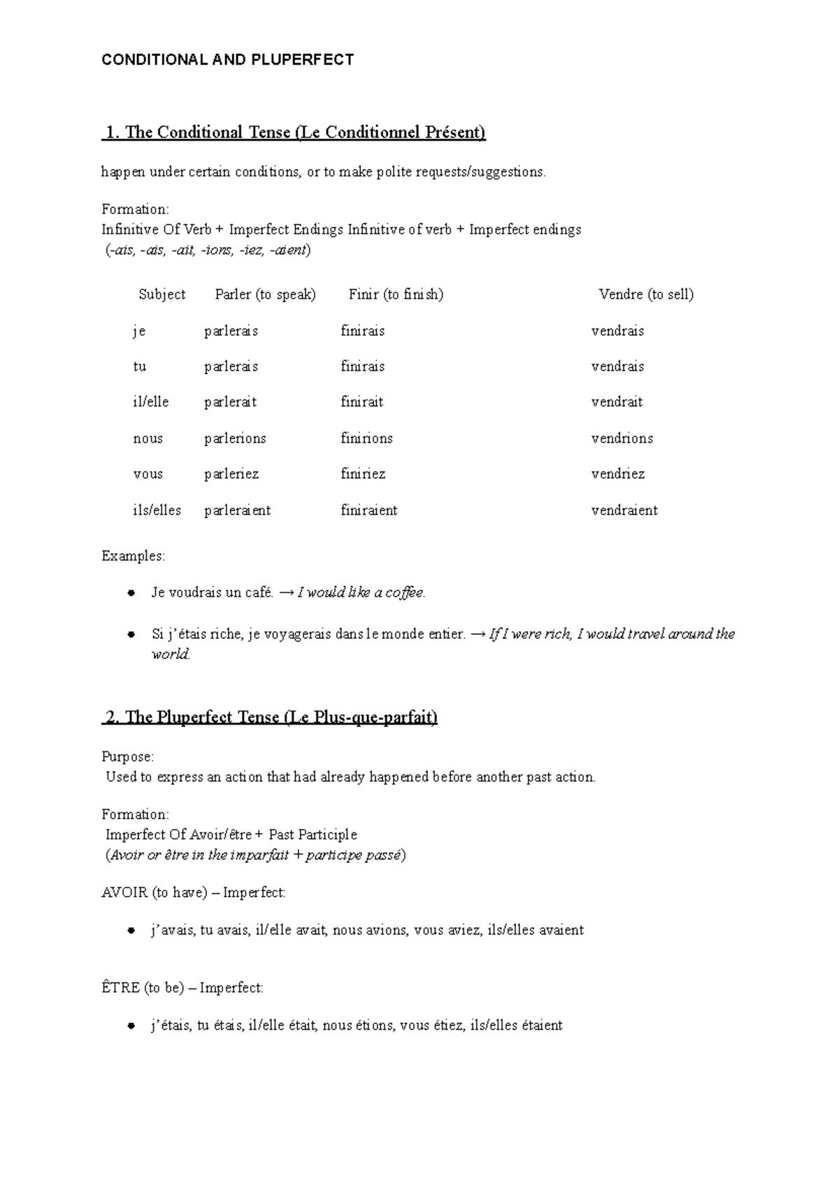 Conditional and Pluperfect Tense Notes for French Grammar - Studocu