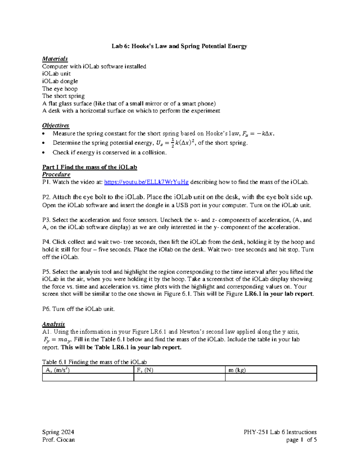 Lab 6: Spring Potential Energy & Conservation of Energy - Spring 2024 ...