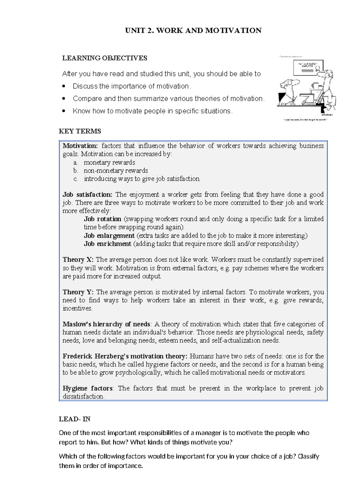 UNIT 2: Work and Motivation - Key Theories and Strategies - Studocu