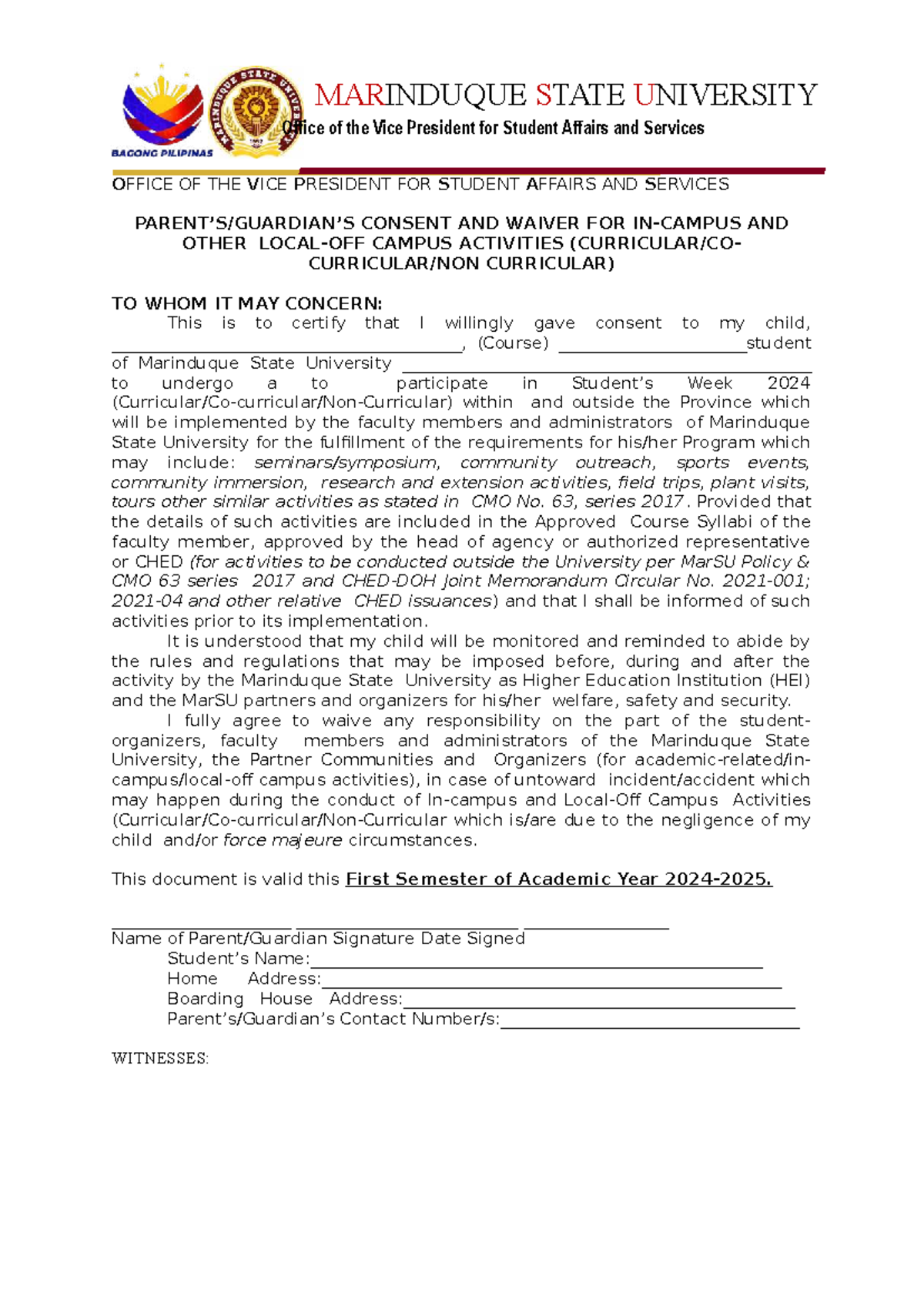 Parent Consent for Student Week Activities at Marinduque State ...