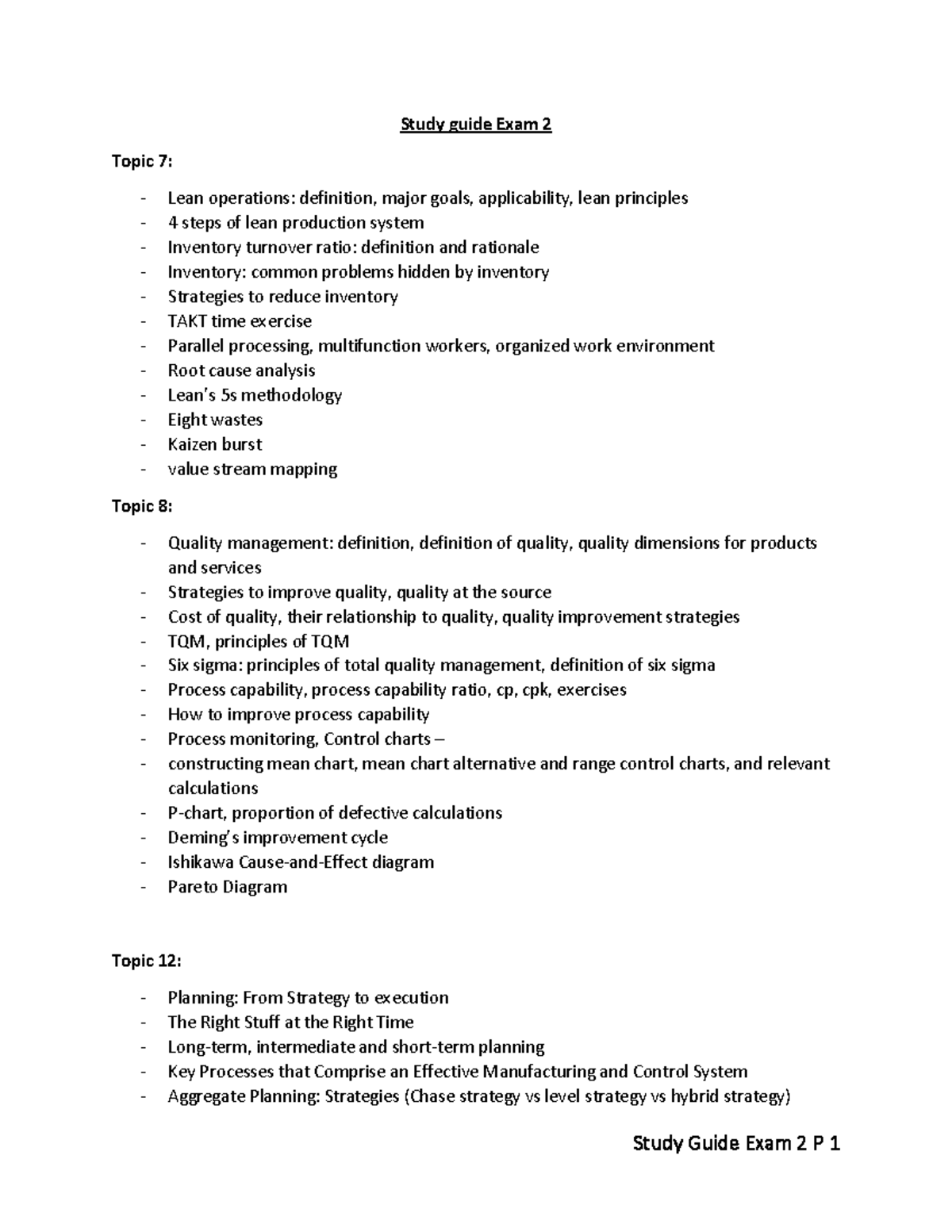 Study Guide for Exam 2: Lean Operations, Quality Management, and ...