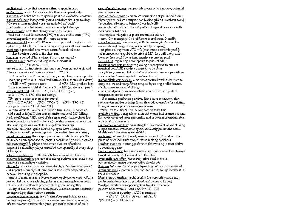 ECO 301 Final Exam Material Summary Sheet on Costs and Market ...