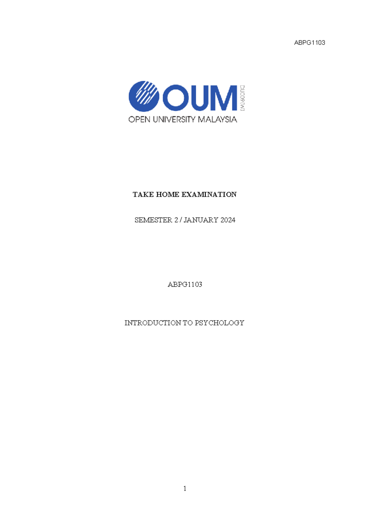 TAKE HOME Examination Introduction to Psychology - TAKE HOME ...
