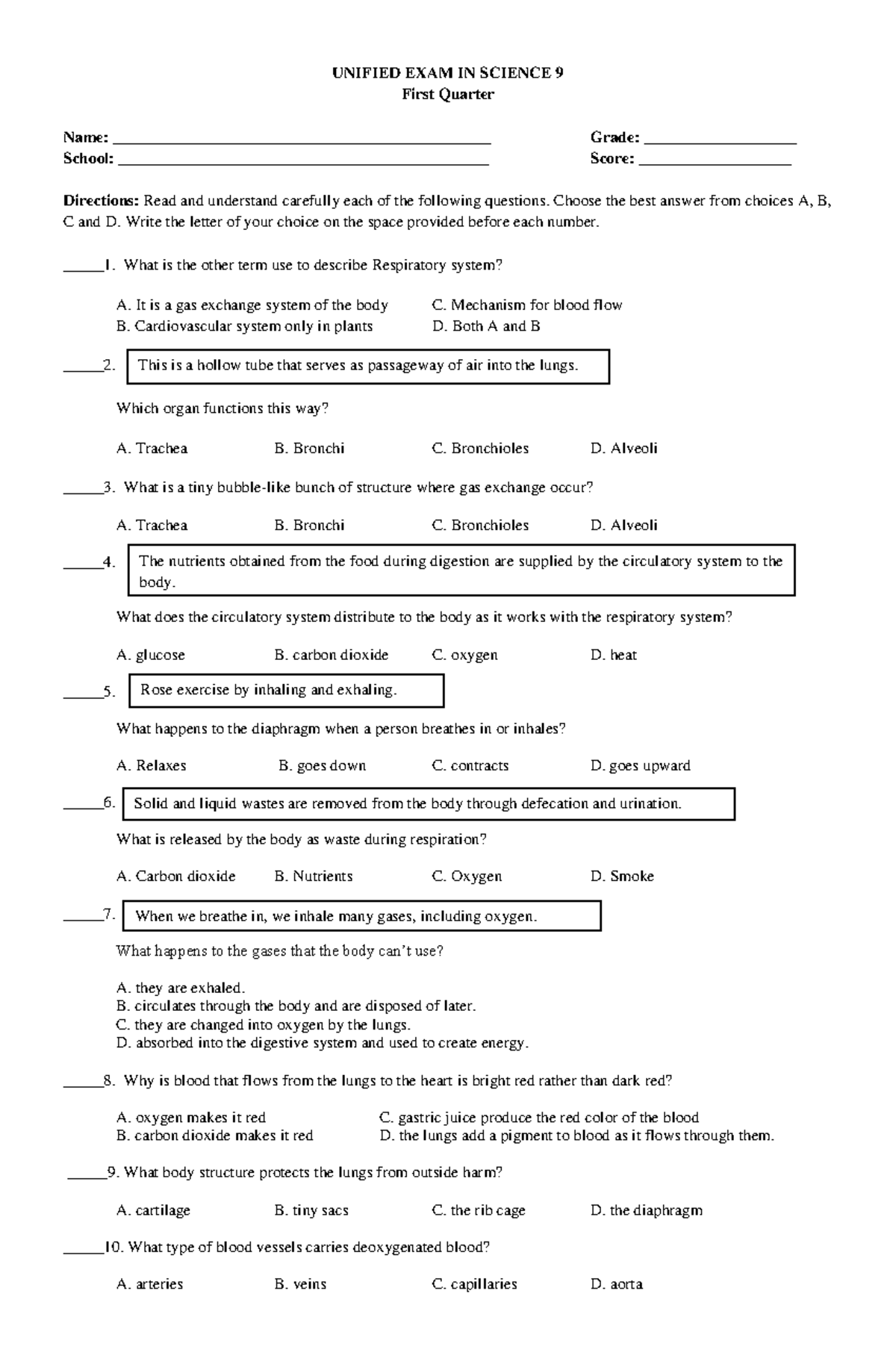 SCI 9 Final Exam: Unified Test Questions with Answer Key - Studocu