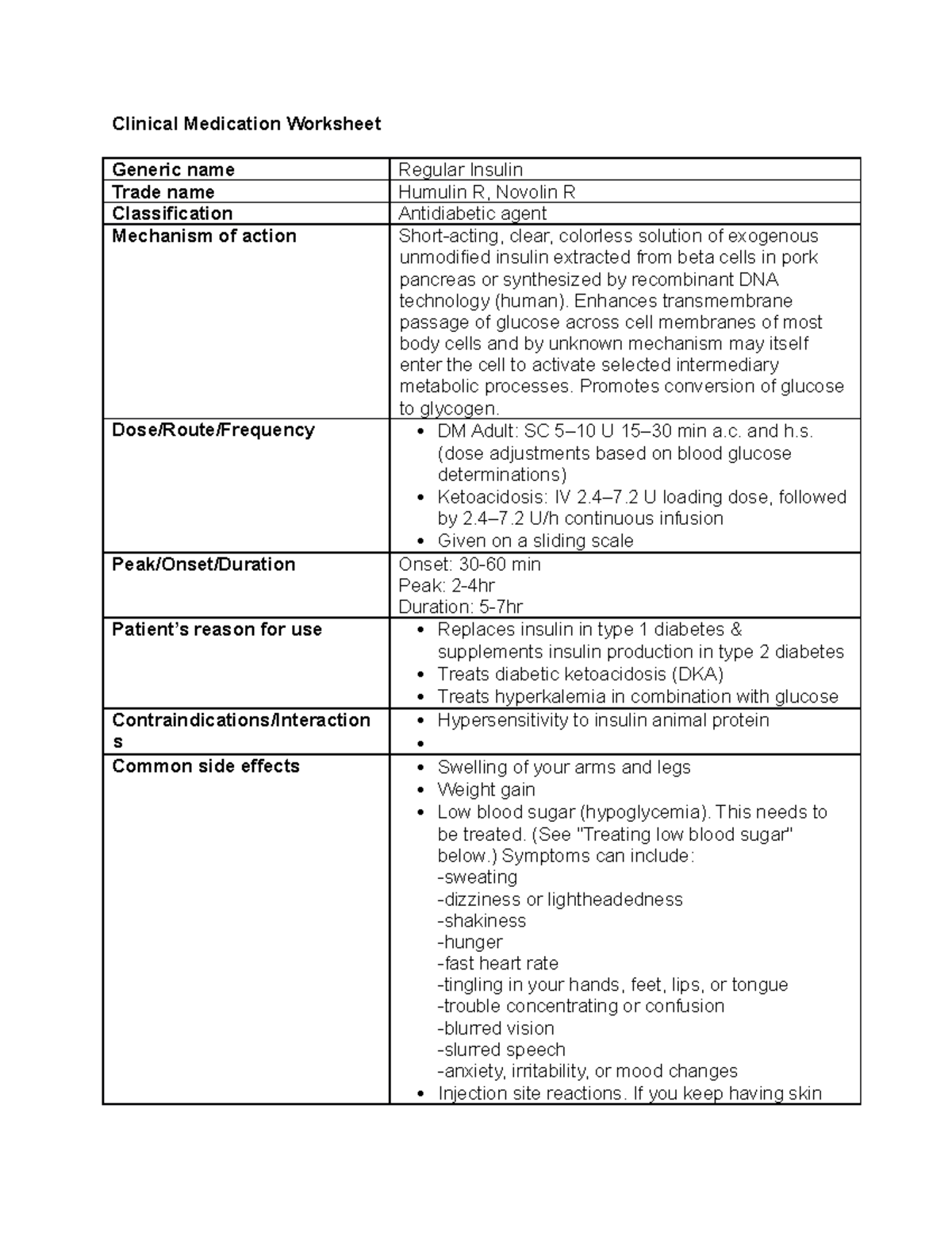 Regular Insulin - notes - Clinical Medication Worksheet Generic name ...