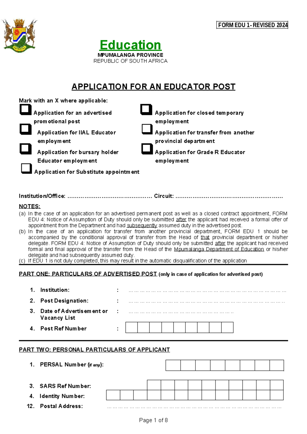 EDU1 Application Form for Educator Post - Revised 2024 - Studocu