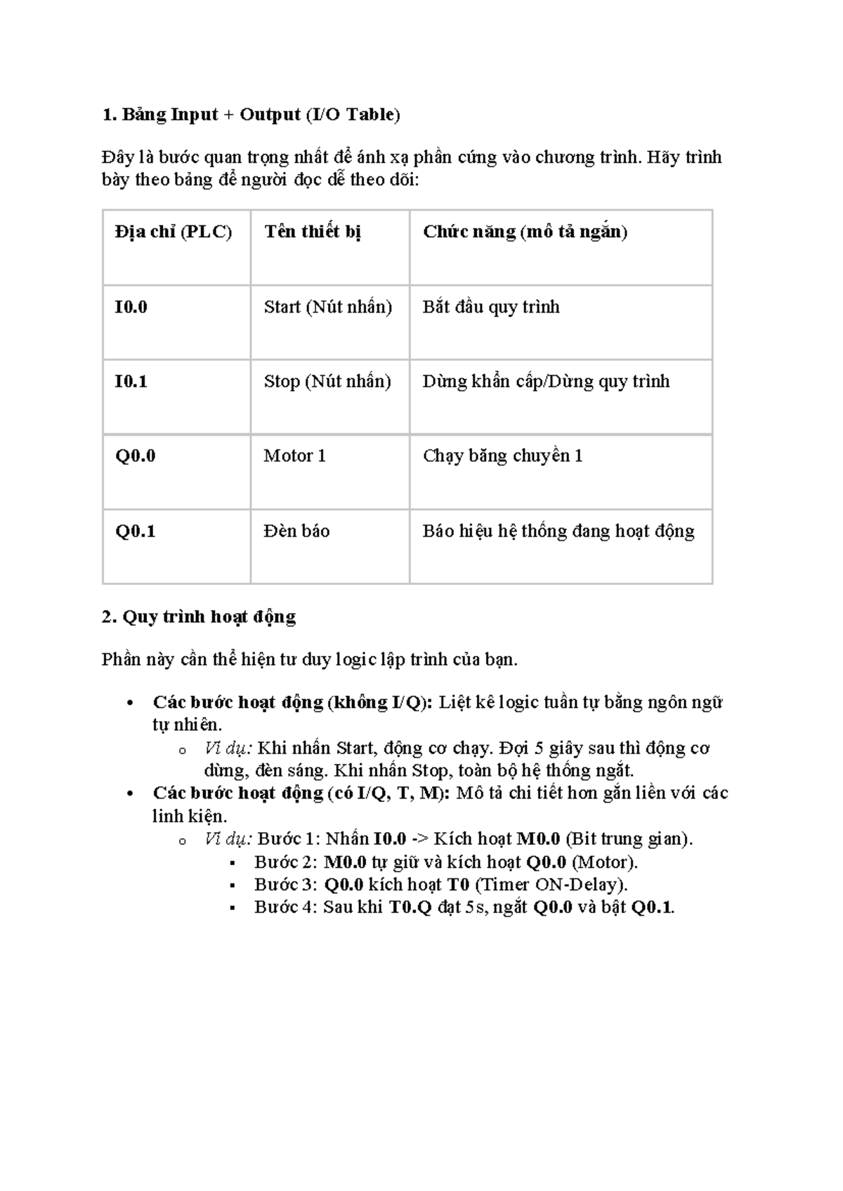 BÀI TẬP PLC: Bảng Input Output và Quy Trình Hoạt Động - Studocu