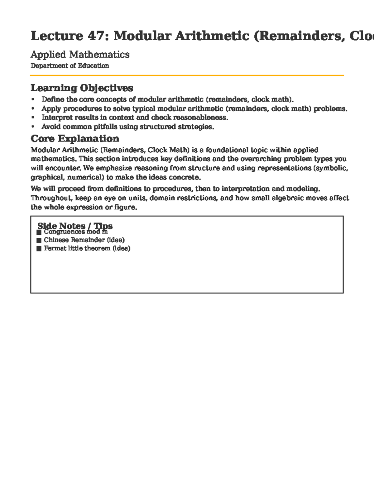 Lecture 47: Modular Arithmetic - Remainders & Clock Math - Studocu