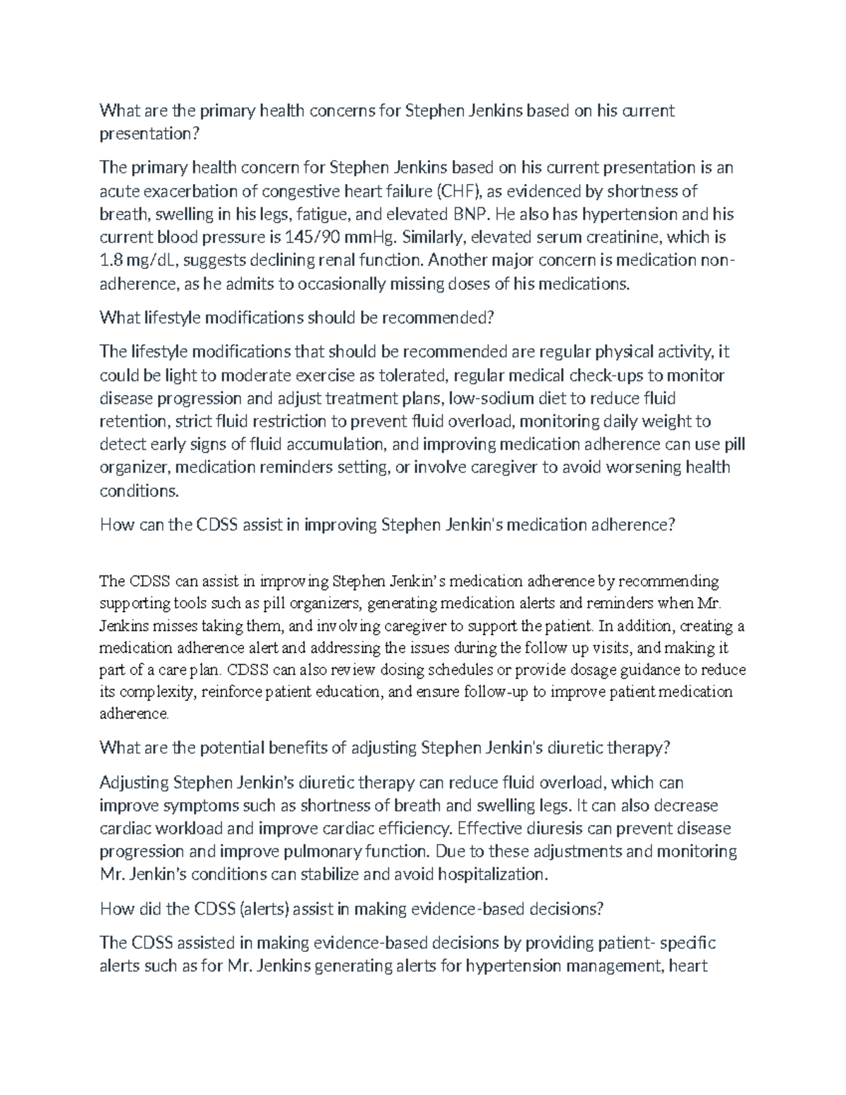 Primary Health Concerns & CDSS Support for Stephen Jenkins (Case Study ...