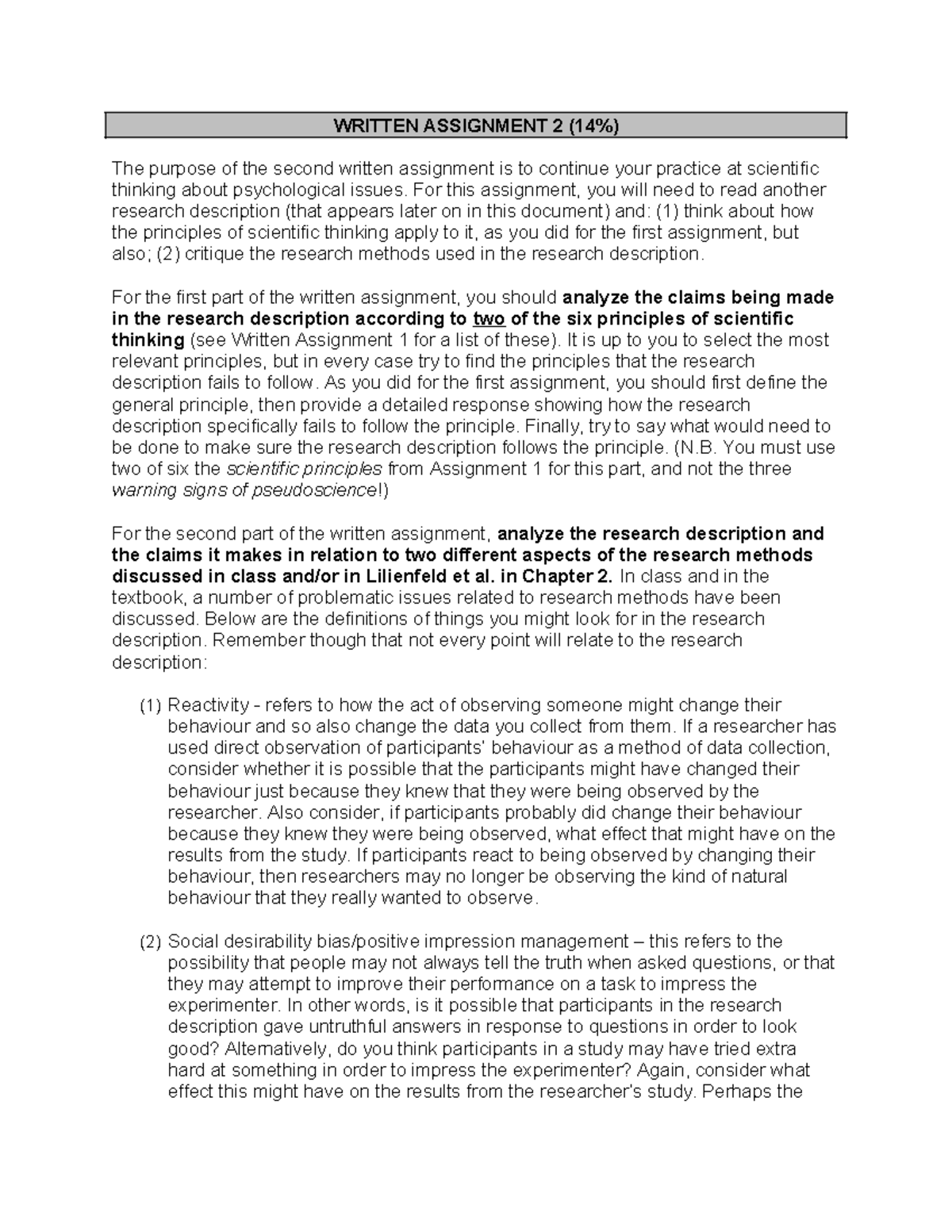 Psy102 Assignment 2 Fall2024 - WRITTEN ASSIGNMENT 2 (14%) The purpose ...