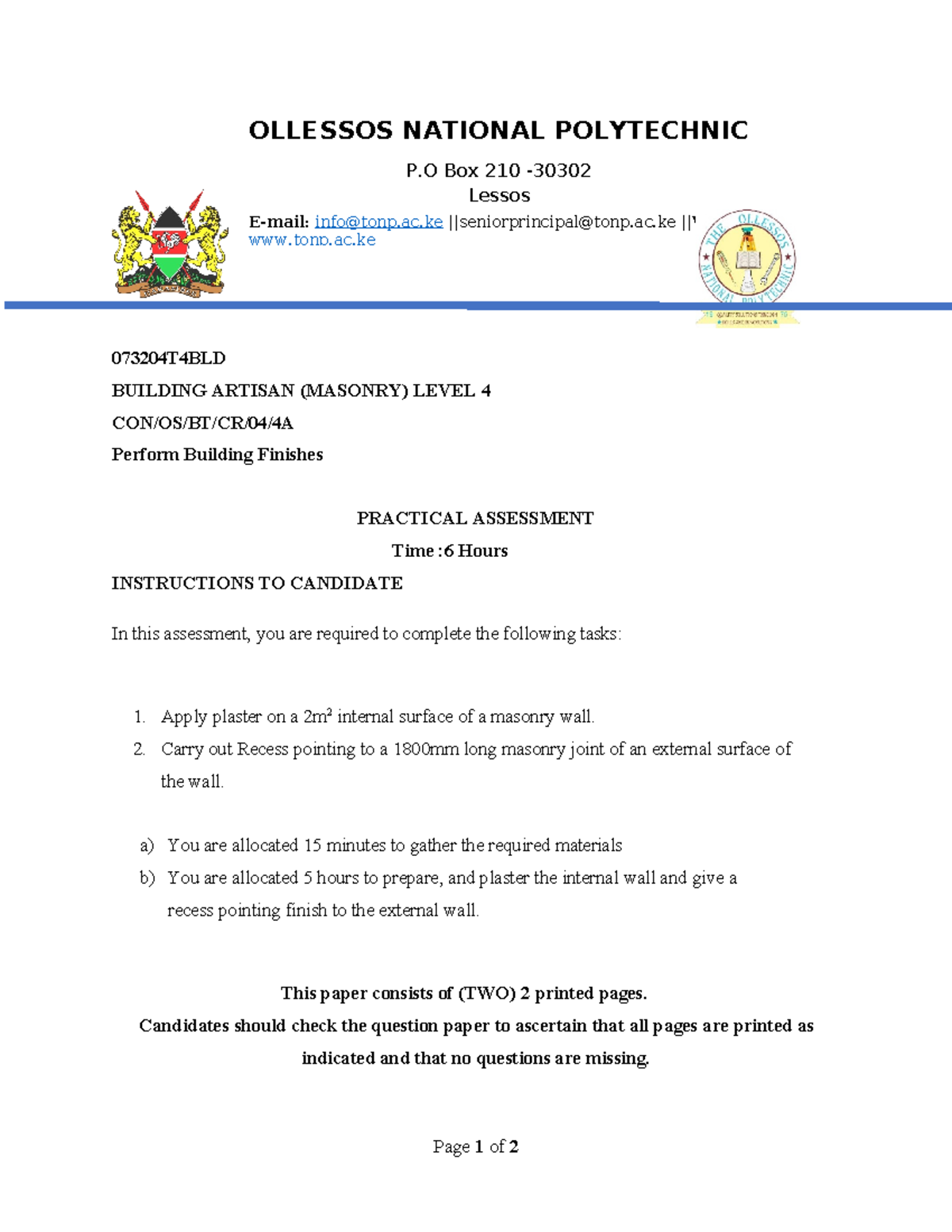 Candidate Practical Assessment: Building Finishes Level 4 (073204T4BLD ...