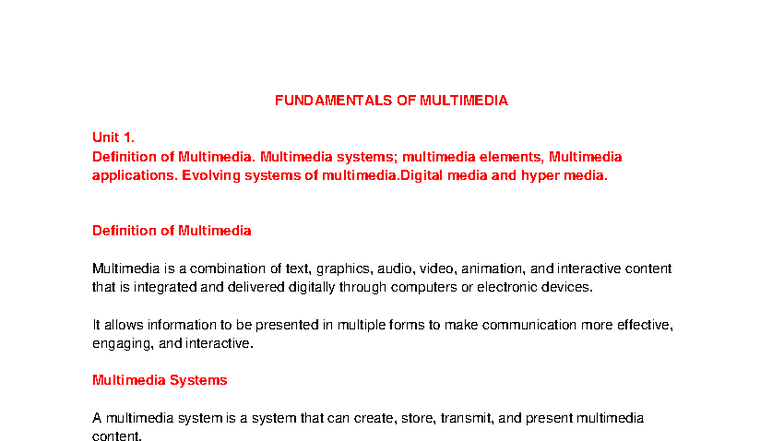 FUNDAMENTALS OF MULTIMEDIA Unit 1: Definition & Applications - Studocu