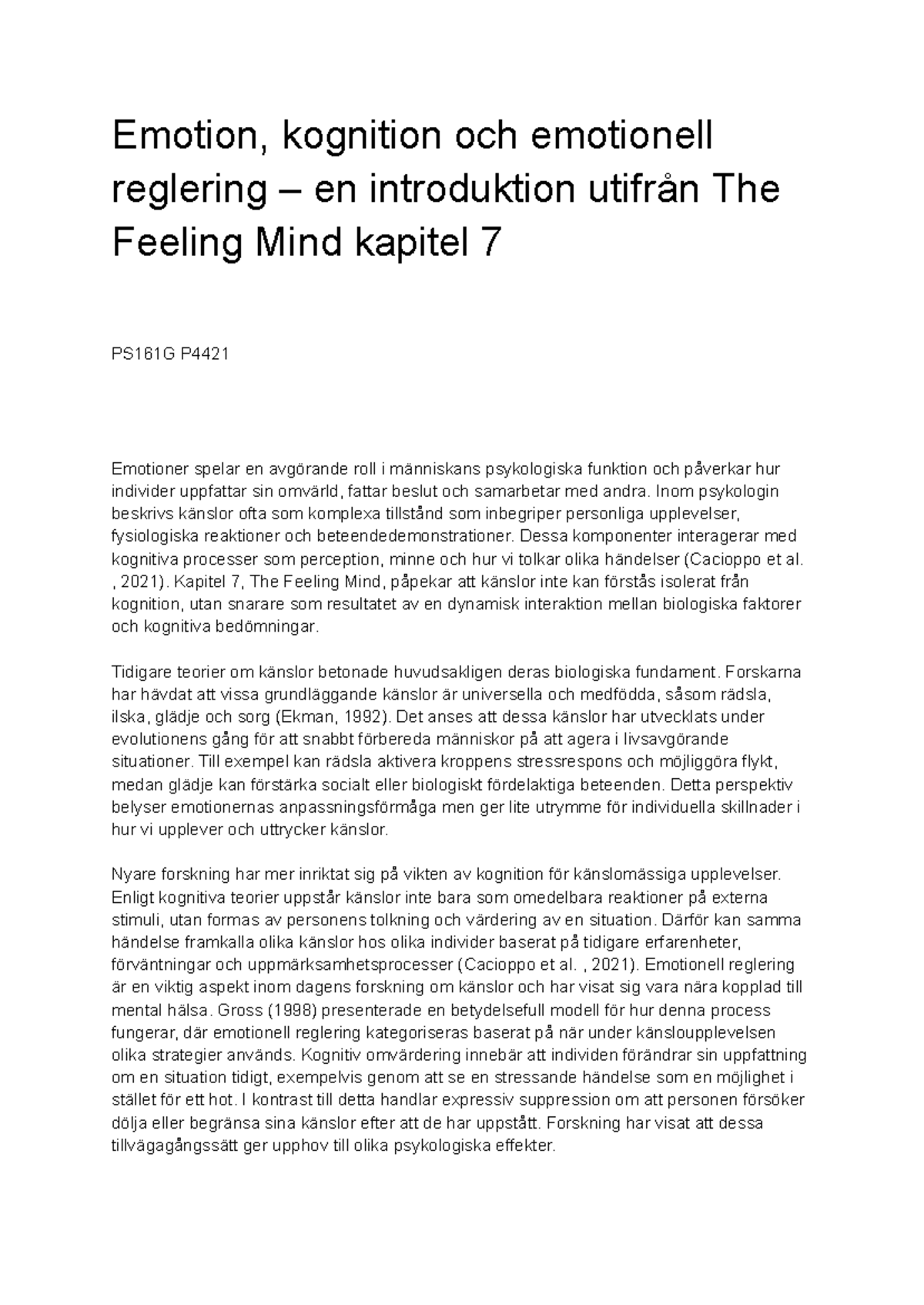 Emotion, Kognition och Emotionell Reglering: En Introduktion PS161G ...