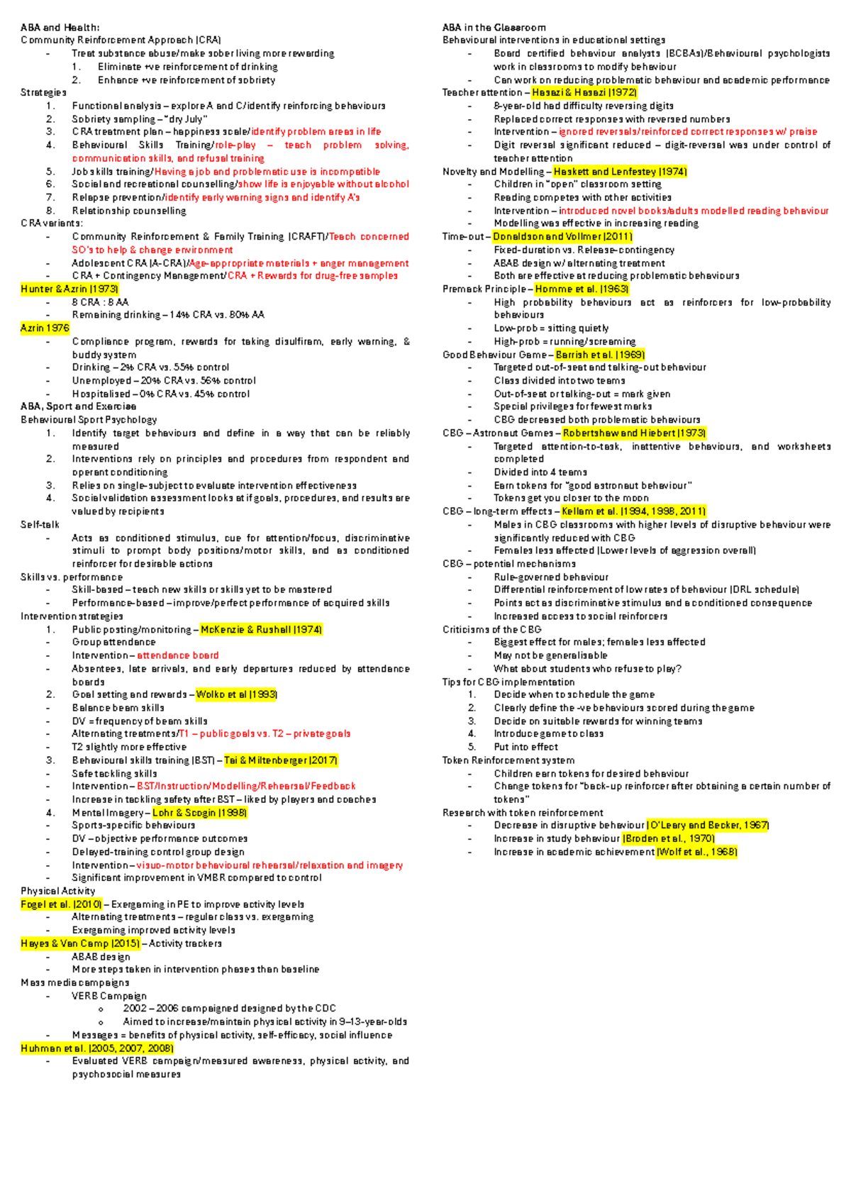 2022 PHSI191 Final Exam Study Guide: ABA, CRA, and Behavioural ...