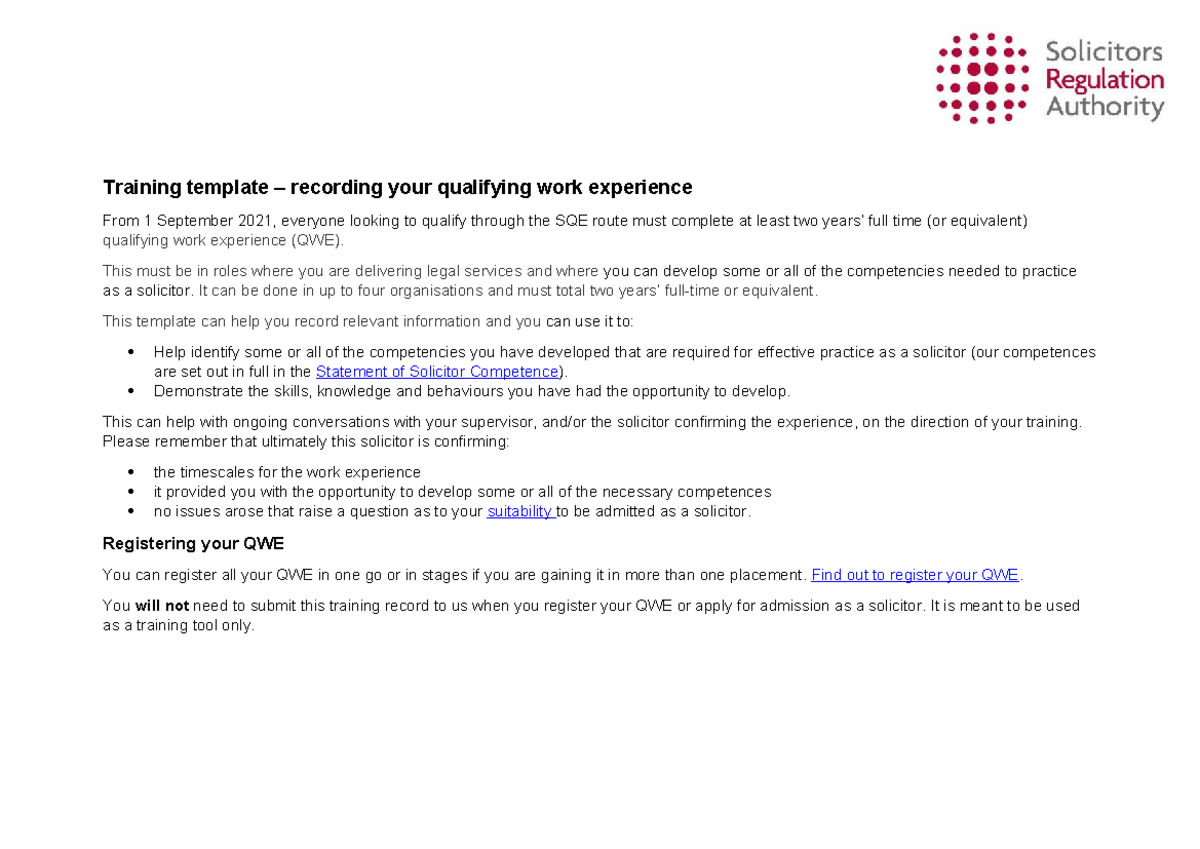 QWE Record Form: Template for Documenting Qualifying Work Experience ...