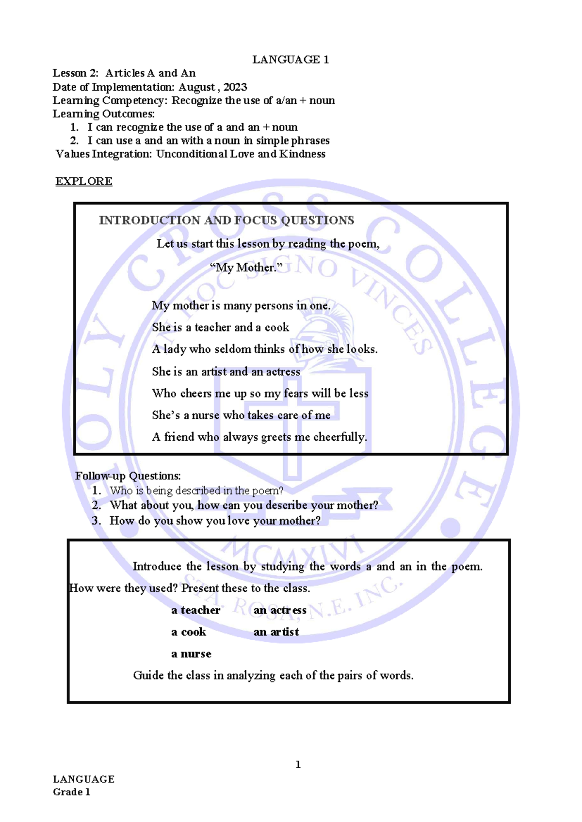 LANGUAGE 1 Lesson 2: Understanding Articles A and An - Studocu