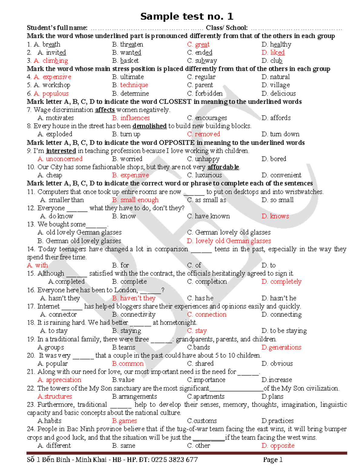 Anh 9 - Sample Test No. 1: Pronunciation and Vocabulary Exercises - Studocu
