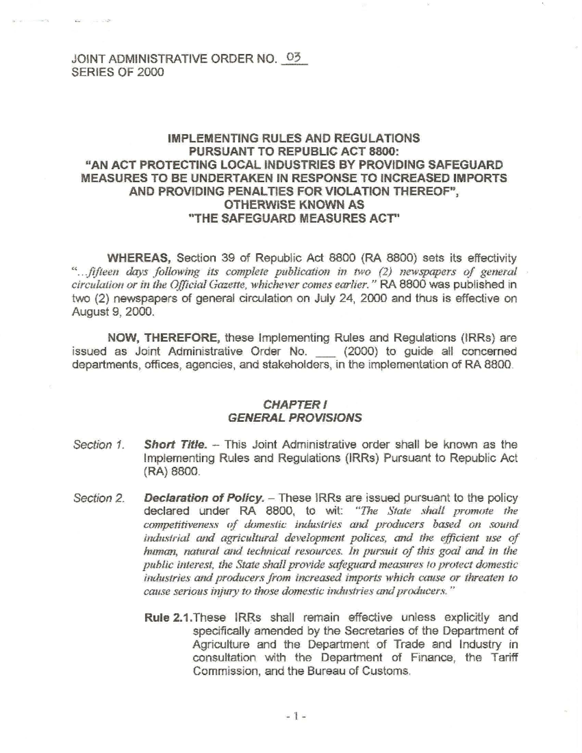 Implementing Rules and Regulations of RA 8800 Safeguard Measures - Studocu