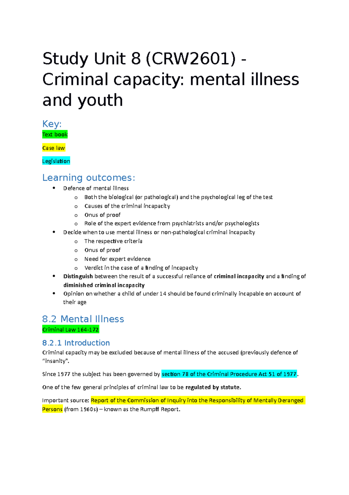 CRW2601 Study Unit 8: Criminal Capacity - Mental Illness & Youth ...