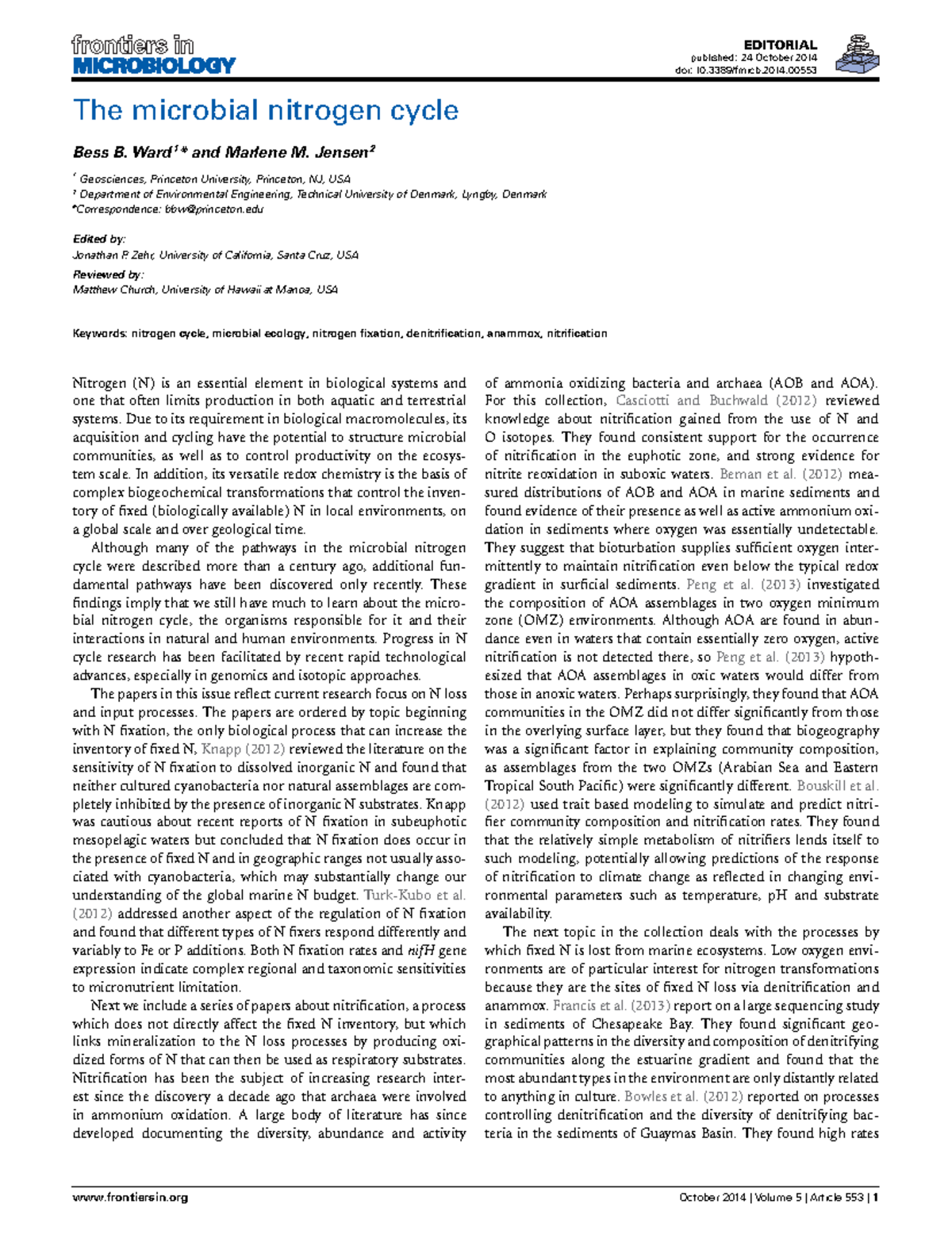 Microbial Nitrogen Cycle Insights: Fmicb-05-00553 Editorial Review ...
