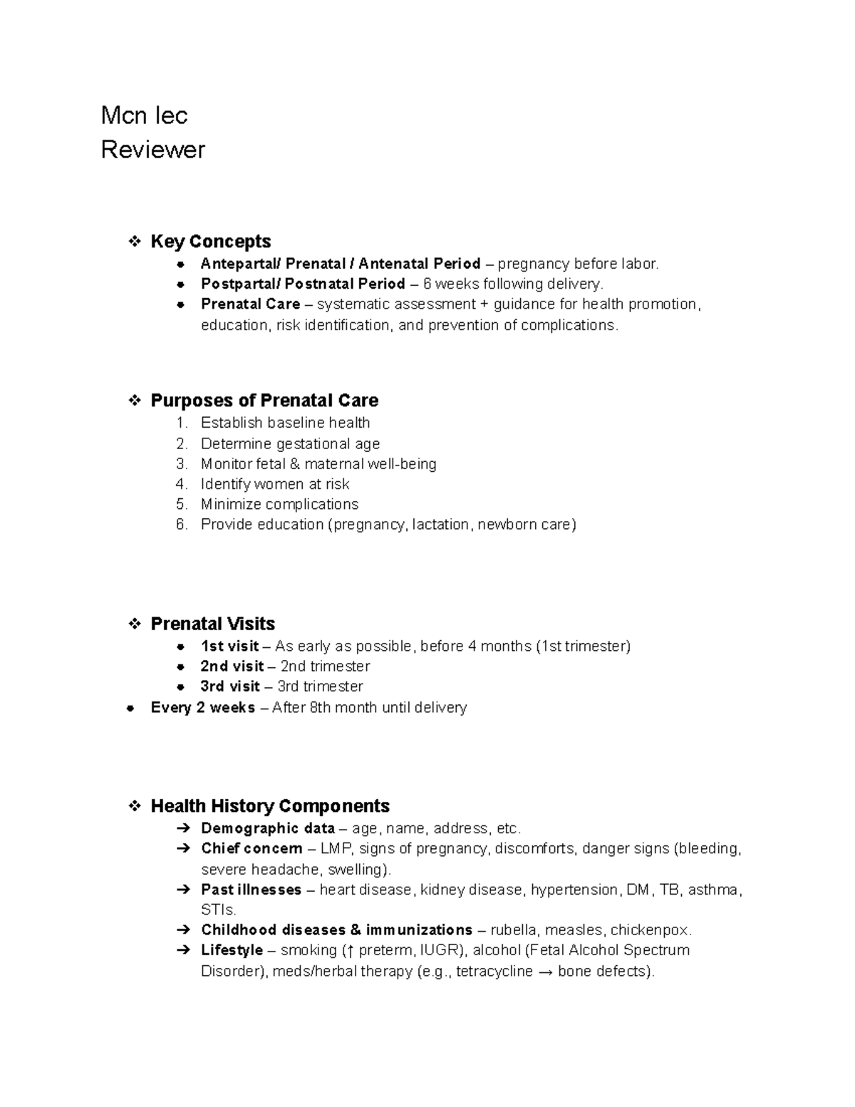 Mcn Lec - Key Concepts in Prenatal and Postnatal Care - Studocu