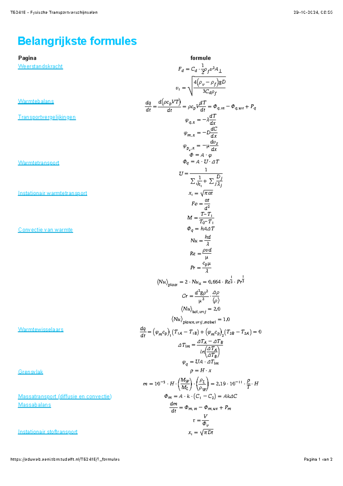 TB241E - Belangrijkste Formules en Concepten in Fysische ...