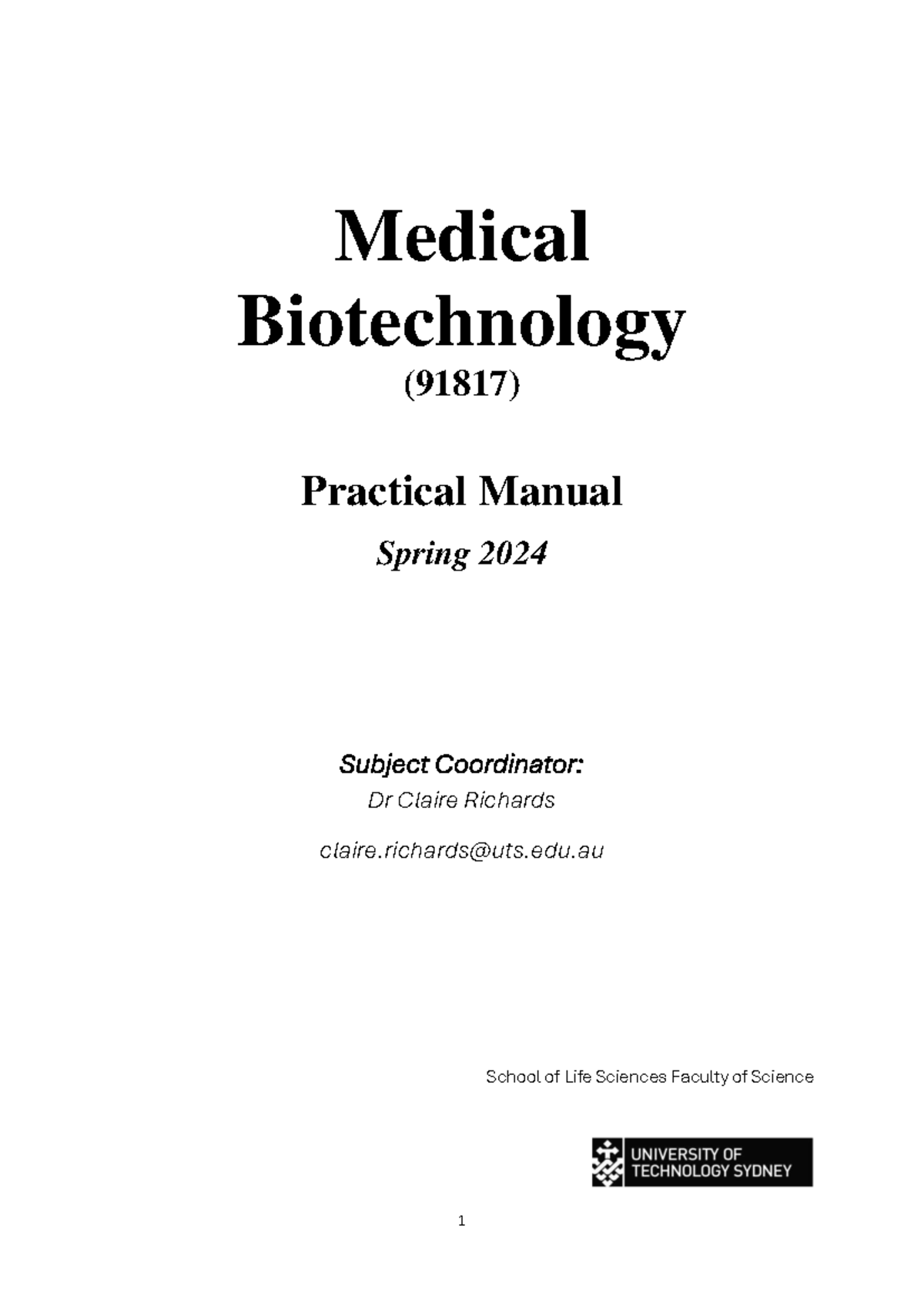Medical Biotechnology Practical Manual (91817) - Spring 2024 Guide ...