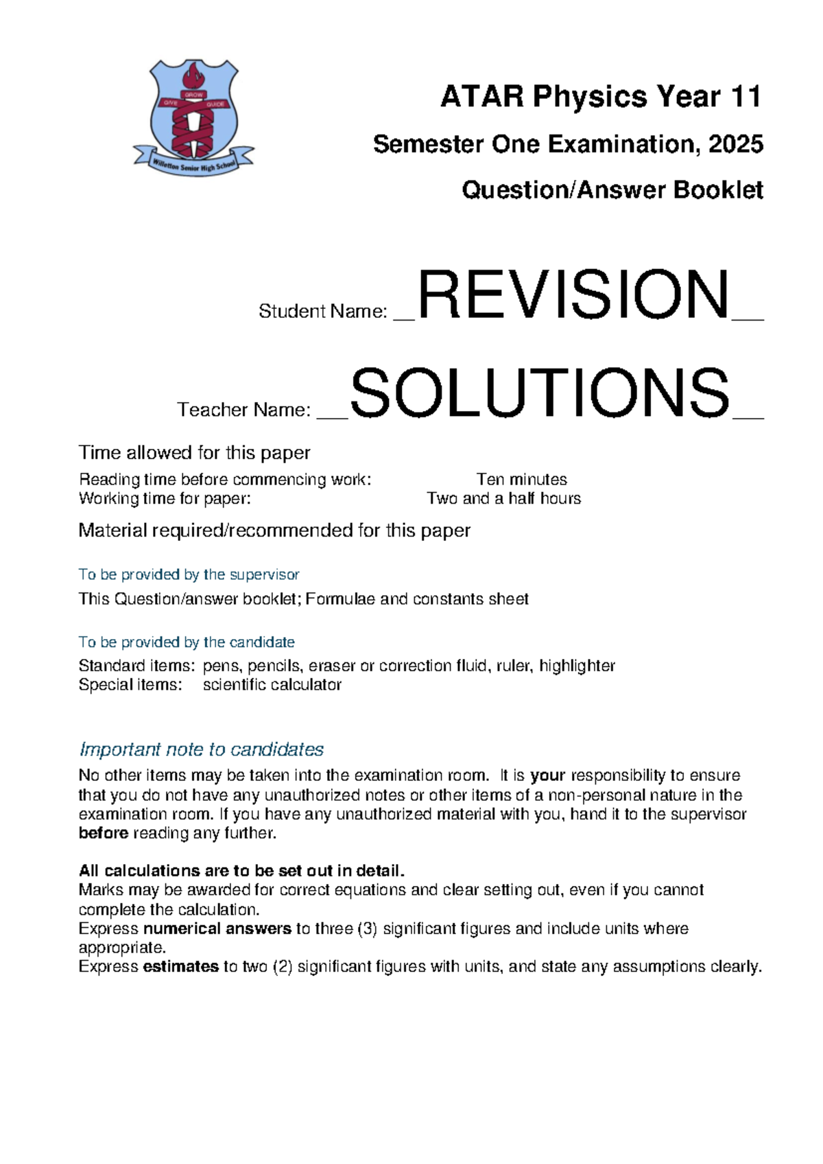 Y11 2025 Physics S1 Exam Revision Solutions - Studocu