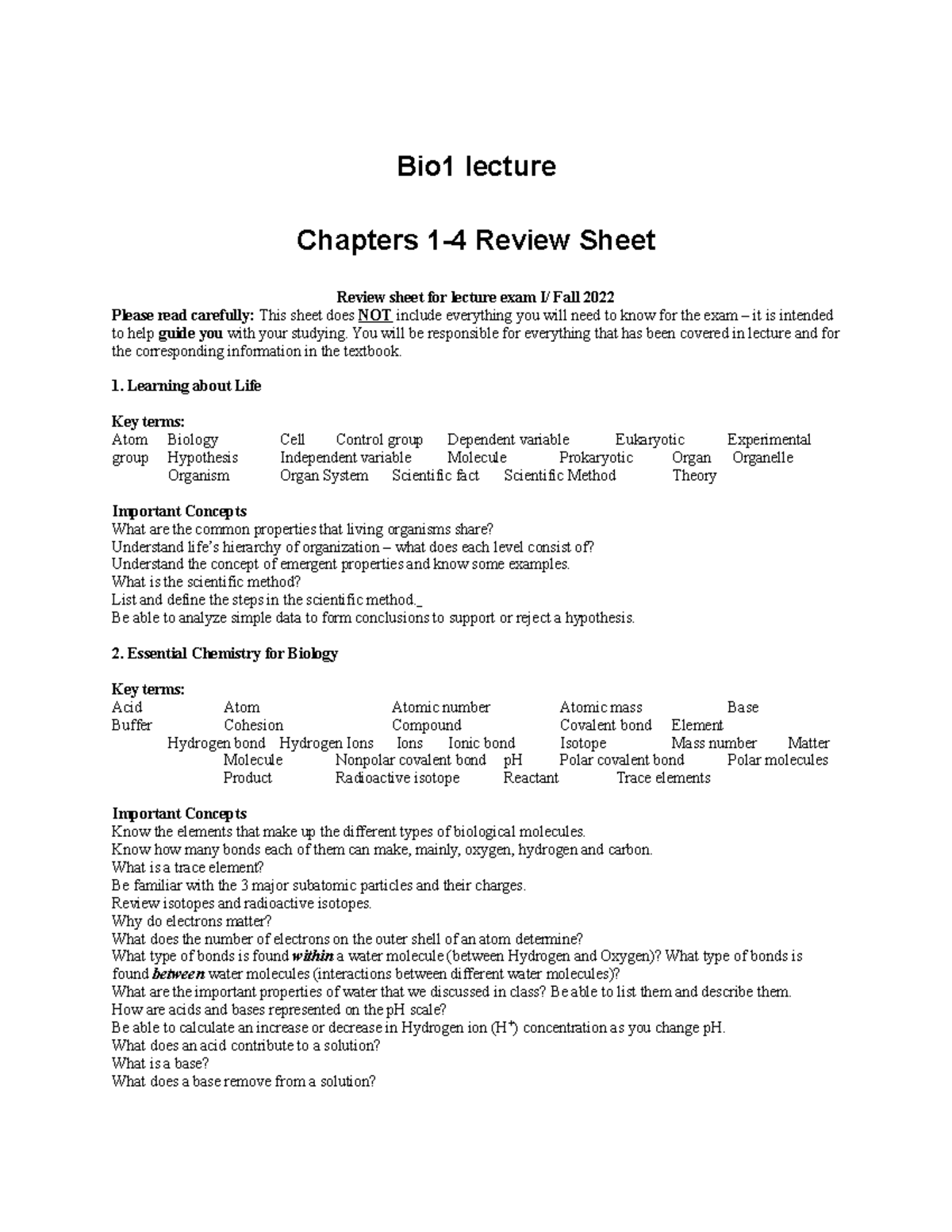 Chapter 1-4 Study Guide - Bio1 lecture Chapters 1-4 Review Sheet Review ...