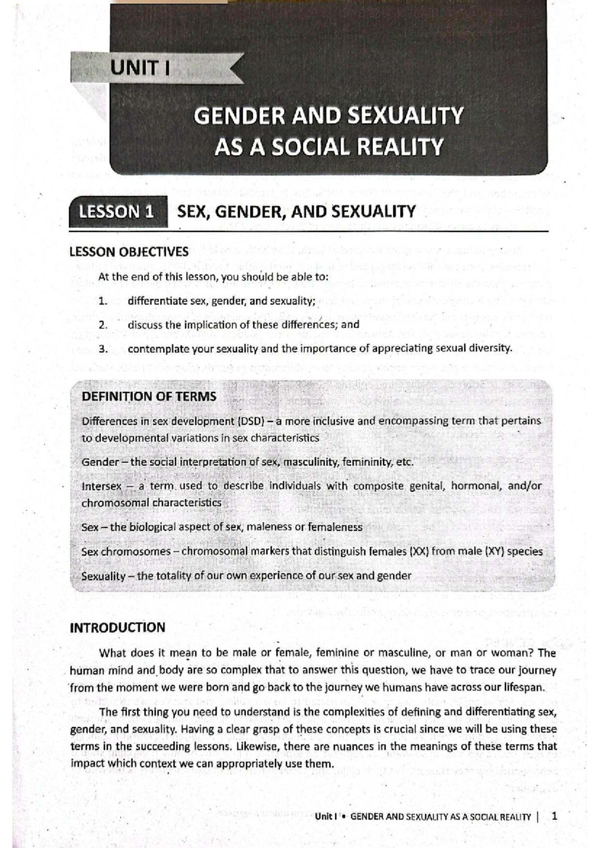 GENDER AND SEXUALITY AS A SOCIAL REALITY - UNIT 1 LESSON NOTES - Studocu