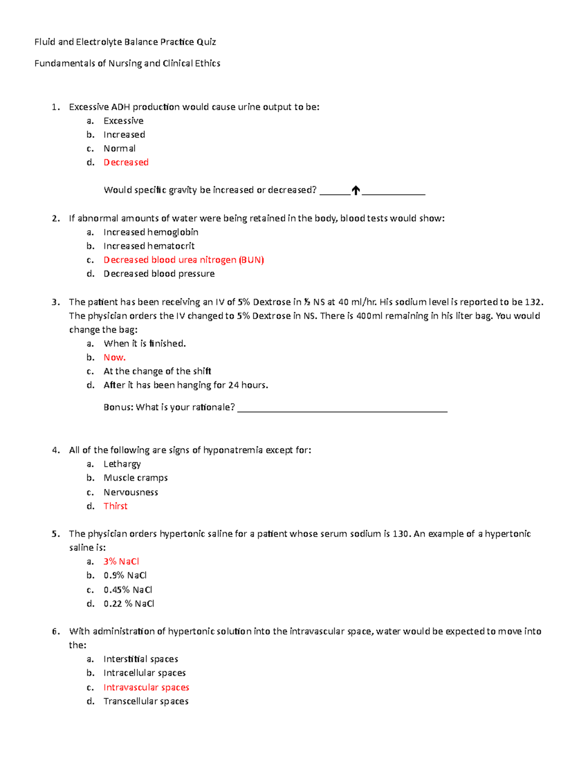 Fluid and Electrolye Balance Practice Quiz Answers - Fluid and ...