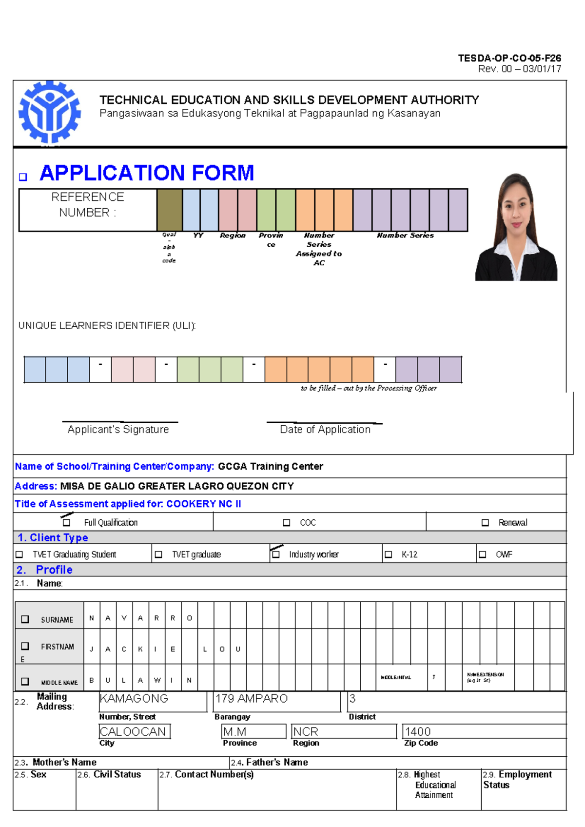 TESDA-OP-CO-05-F: Application for Cookery NC II Assessment - Studocu