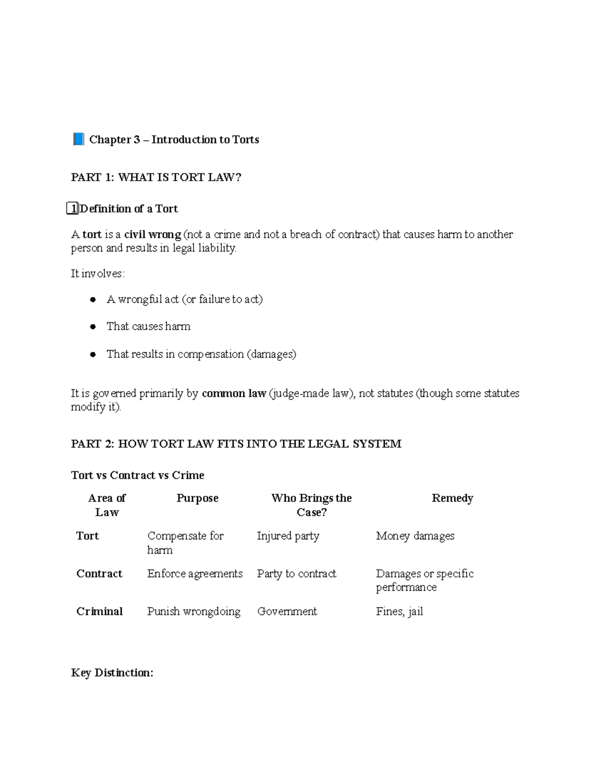 TORT 101: Chapter 3 - Introduction to Torts and Key Concepts - Studocu