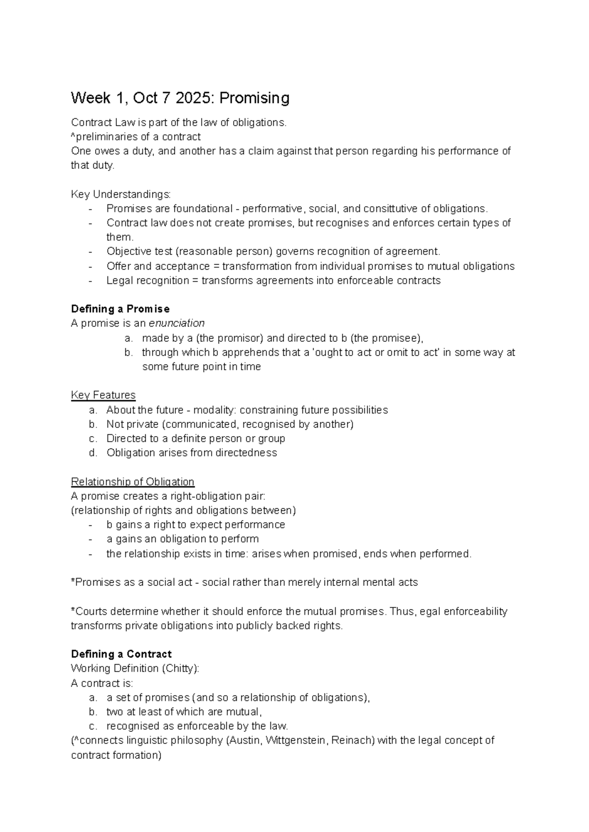 Contract Law Lecture Notes: Week 1-3 Overview (Oct 2025) - Studocu