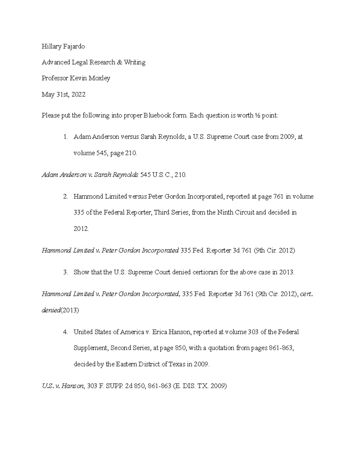 Advanced Legal Research & Writing - Landmark Cases in Bluebook Citation ...