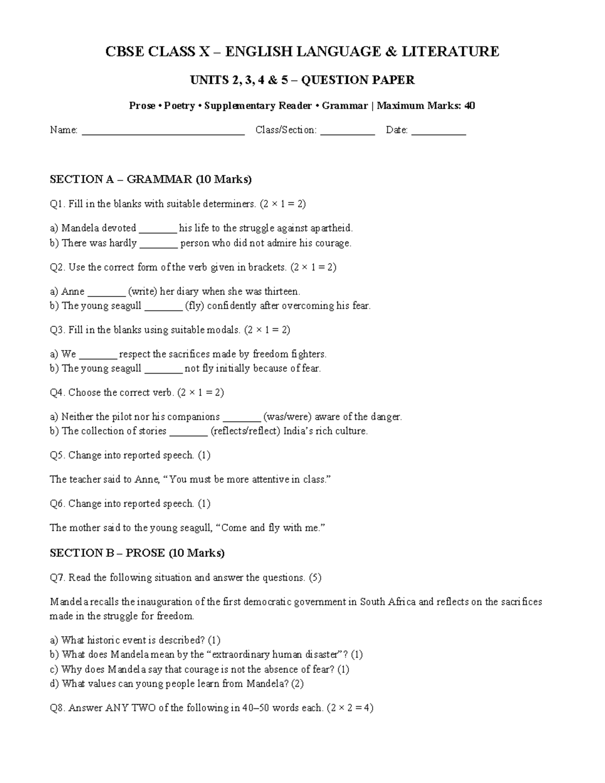 CBSE Class 10 English Units 2, 3, 4, 5 Question Paper Answer Key - Studocu