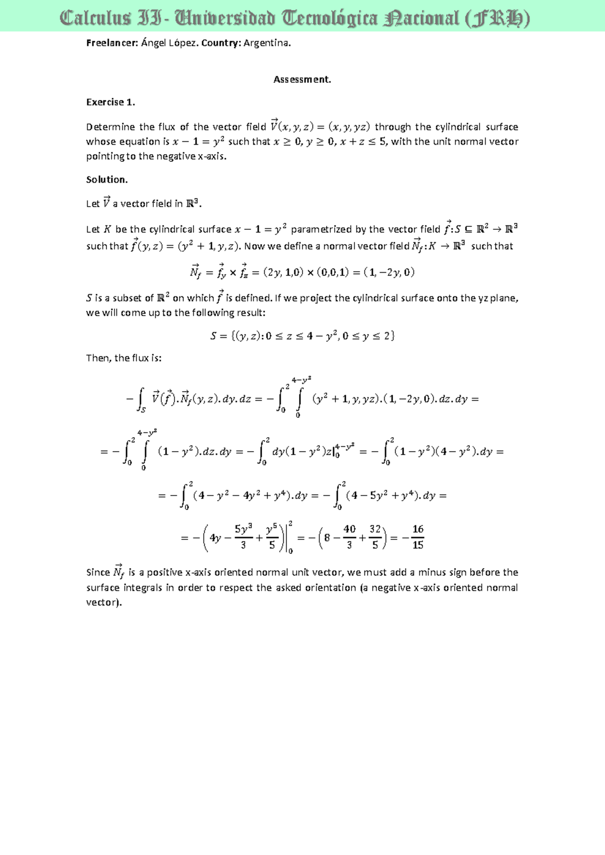 Calculus II Exercise 1: Flux of Vector Field through Cylinder - Studocu