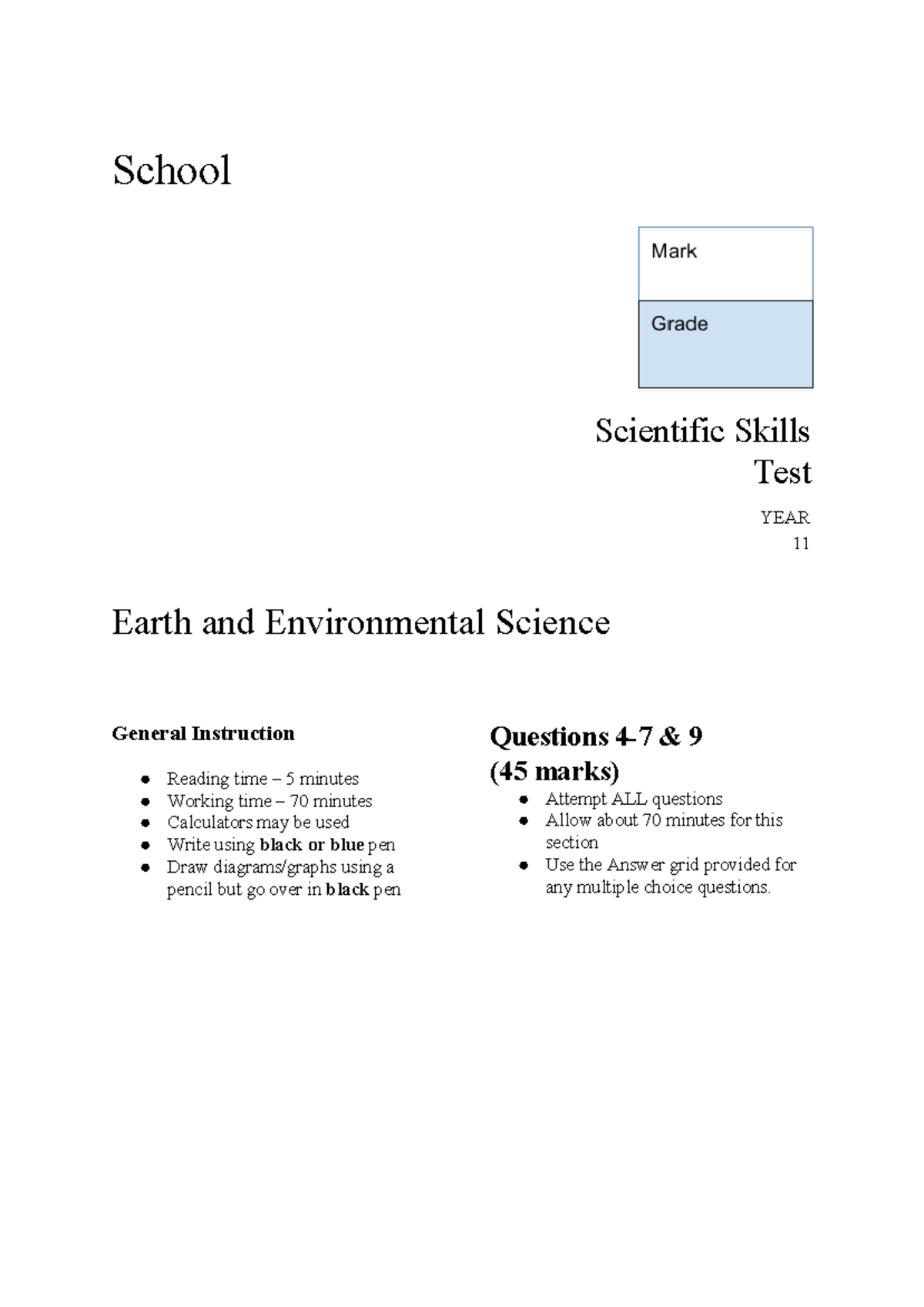 11EES Year 11 Scientific Skills Test: Earth & Environmental Science ...