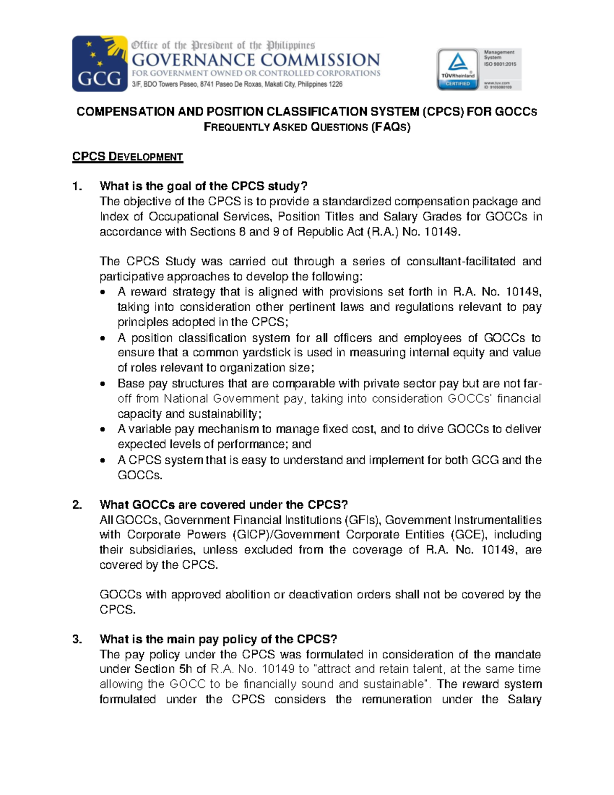 CPCS for GOCCs: Guidelines and FAQs on Compensation System - Studocu
