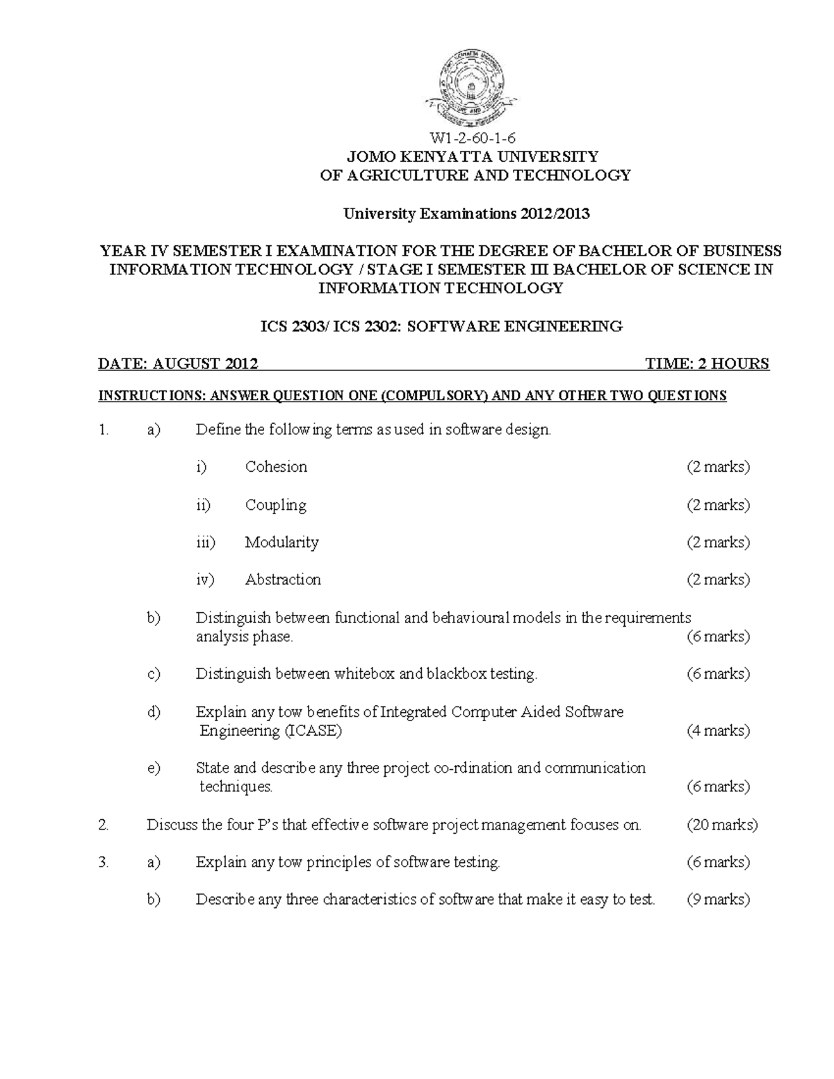 ICS 2302: Software Engineering Exam Notes - August 2012 - Studocu