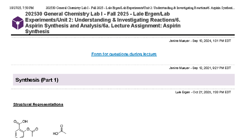 202530 General Chemistry Lab I: Aspirin Synthesis Summary - Studocu