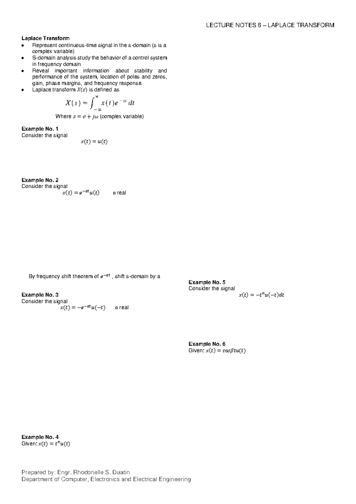 Lecture 6: Laplace Transform Overview and Examples - Studocu