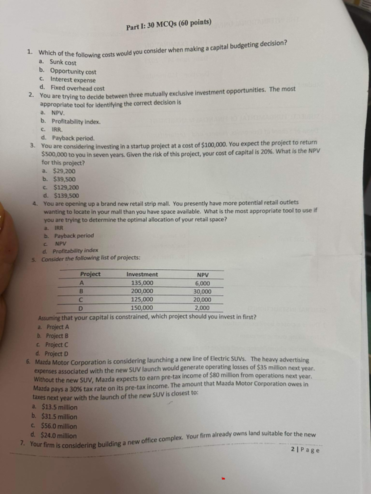 Capital Budgeting Exam 2023: MCQs and Analysis - Studocu