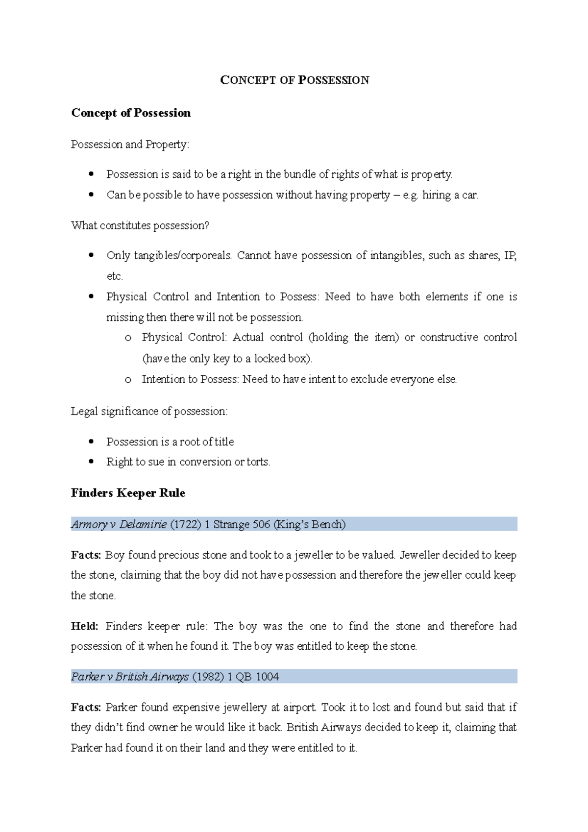 Concept of Possession: Key Legal Principles and Case Studies - Studocu