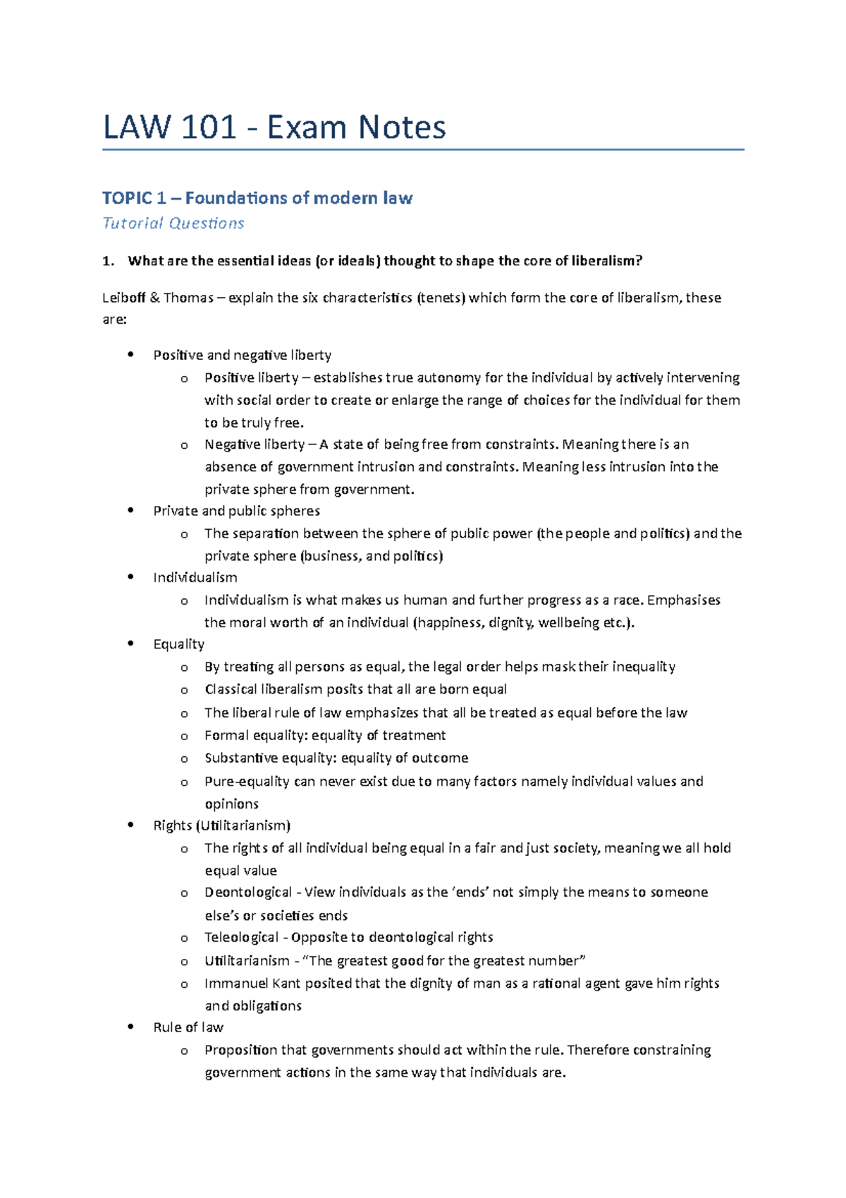Study notes - LAW 101 - Exam Notes TOPIC 1 – Foundations of modern law ...
