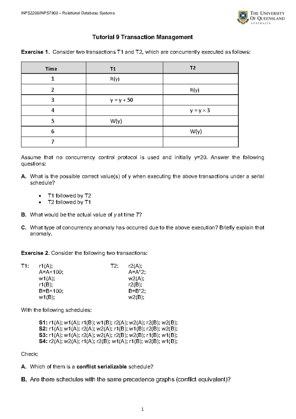 Tut09-TM-qa - Tutorial 9 on Transaction Management Exercises - Studocu