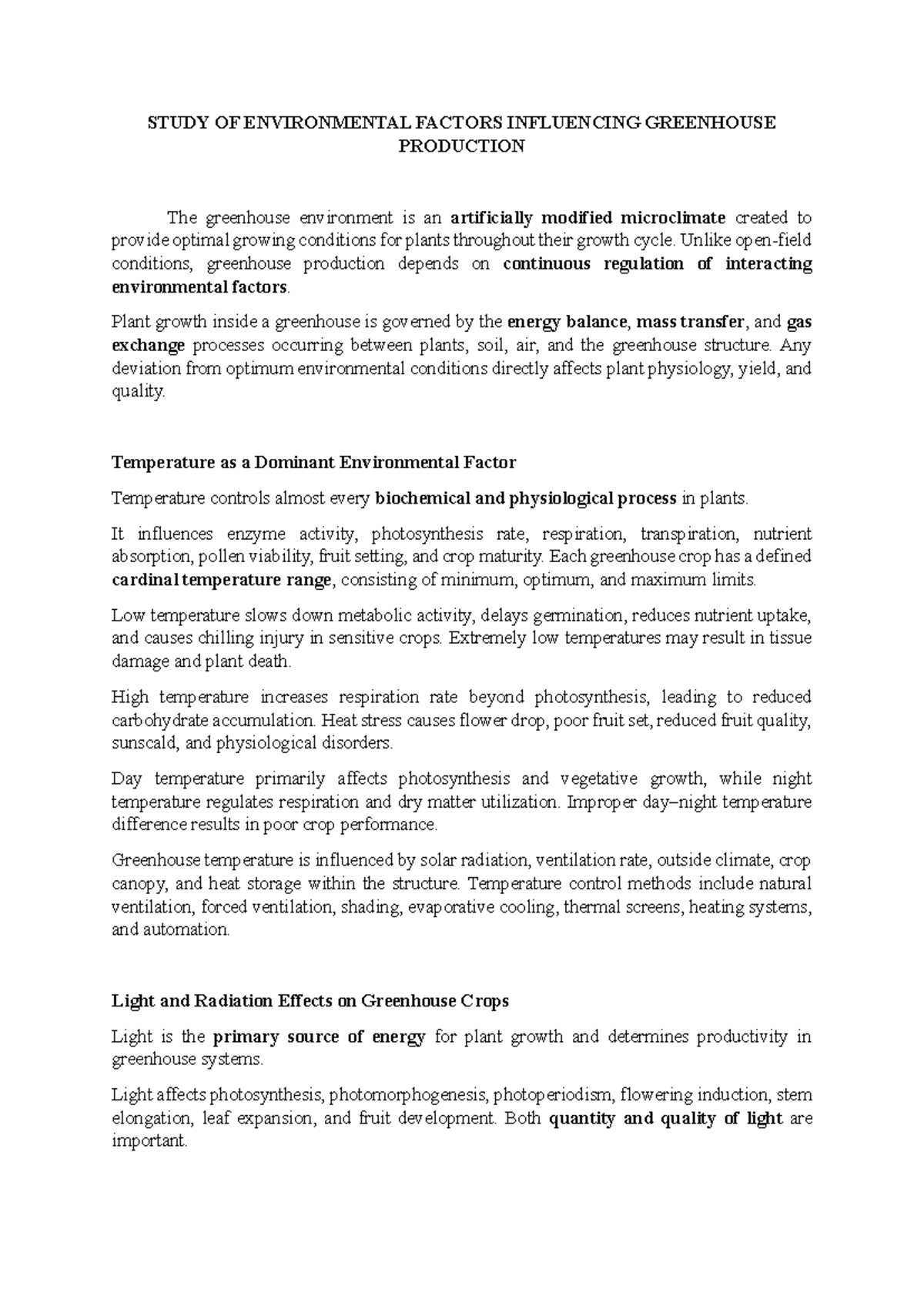 Study of Environmental Factors Affecting Greenhouse Production - Studocu