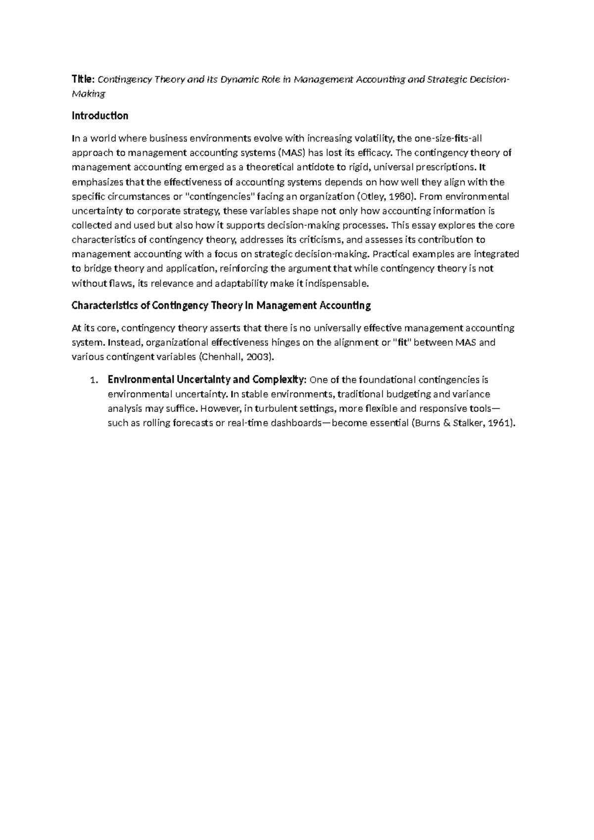 Contingency Theory in Management Accounting: A Dynamic Approach - Studocu