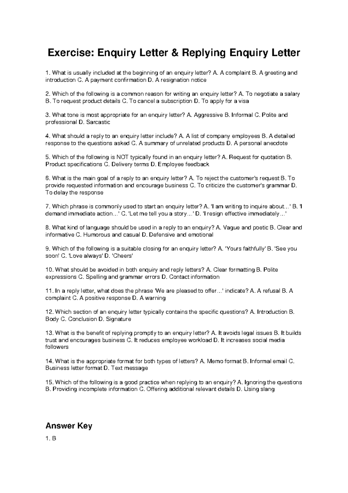 Enquiry Reply Exercise: Key Concepts and Best Practices - Studocu